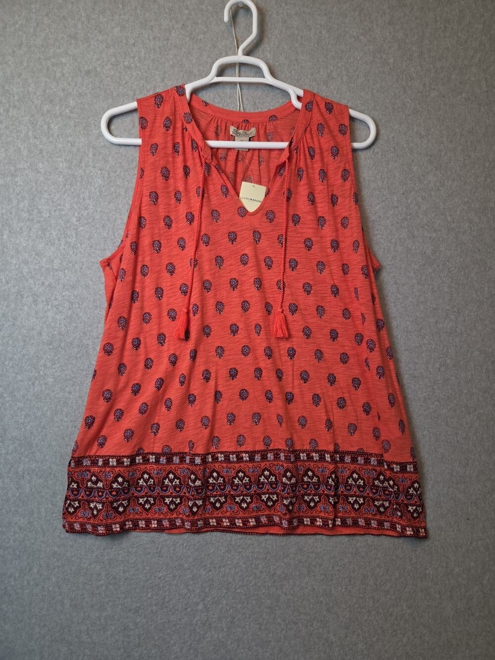 NWT Lucky Brand Coral Red Floral Tassel Boho Tank Top Women's Plus Size 2X